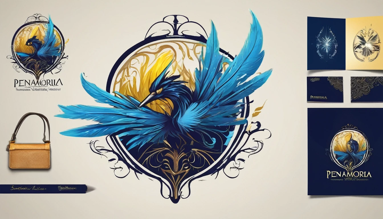 Create a minimalistic, simple, fantastic, easy to understand, logo design for an upcoming Fantasy Role Playing Game called " Penamemoria". The game is about a world full of bird and feathers. A boy enters that world and discovers his true artistic identity. Create a logo design that transmits the essence of this videogame. It´s a fantasy game, with fantasy elements. Create the logo in the center and a fantasy theme as background. Use the colours blue, white, yellow in the logo. The logo design must convey a sense of fantasy, dreams and music. Must convey a feeling of being a true Dreamer