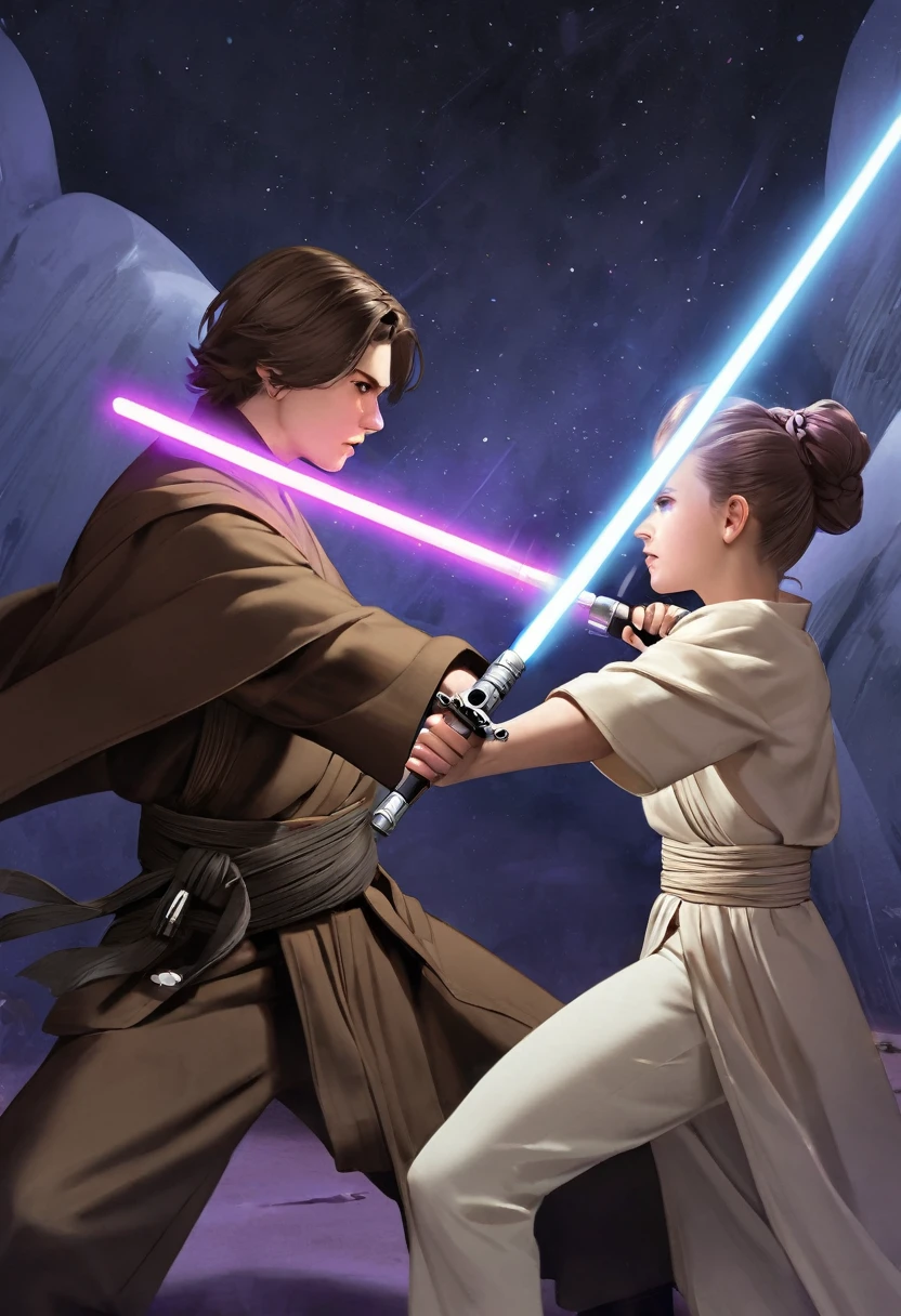 star wars a boy jedi with two lightsabers, one purple and the other white lightsaber in a fight against a woman sid