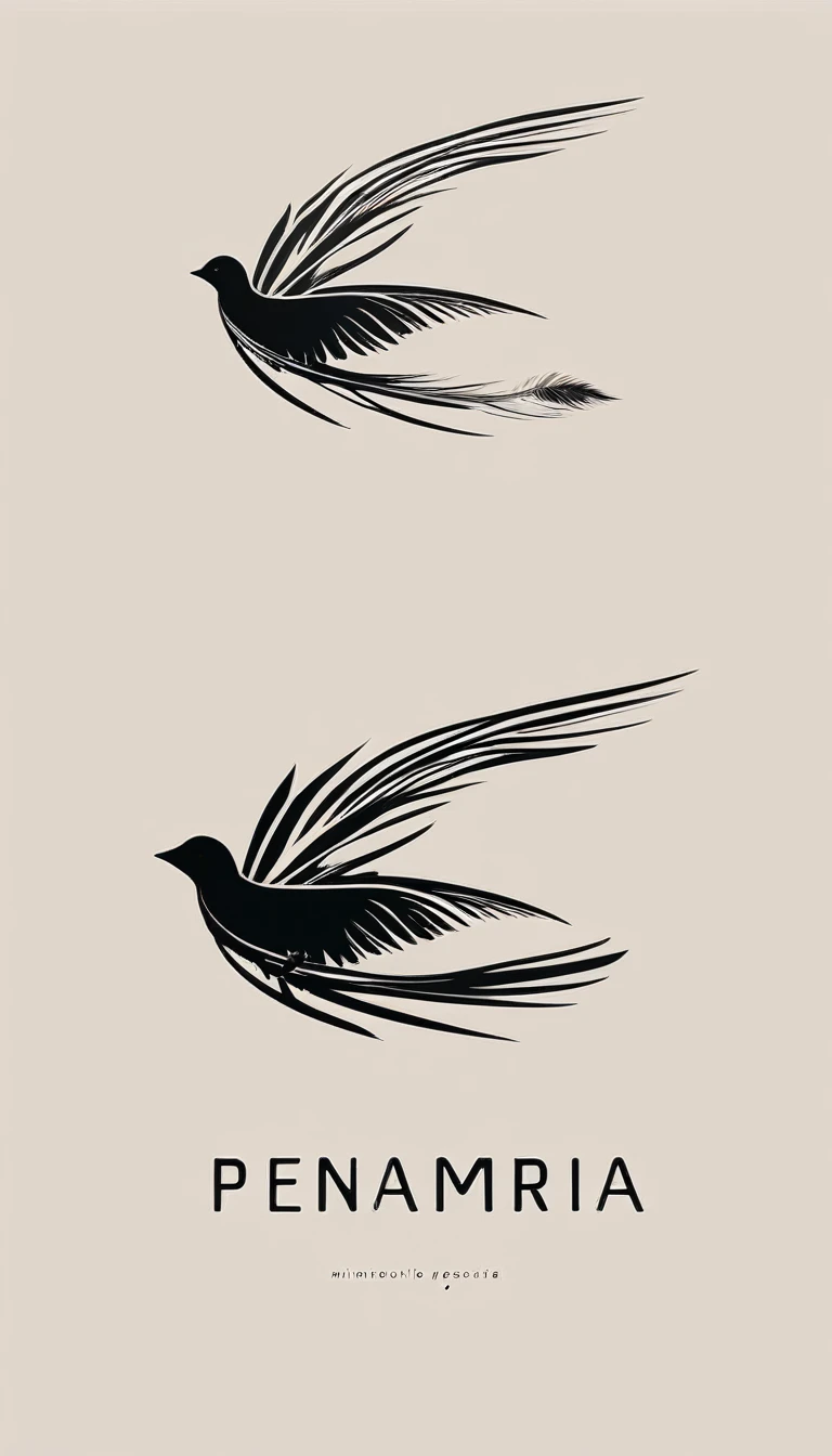 A minimal, modern, simple, cinematic logo design for the brand “Penamemoria". The logotype must be a boy playing acoustic guitar alongside a bird and a feather. The logo must convey a sense of music, stories and dreams. Minimalistic logo of a boy playing acoustic guitar and dissolving into a feather
