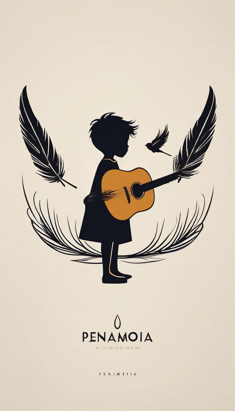 A minimal, modern, simple, cinematic logo design for the brand “Penamemoria". The logotype must be a boy playing acoustic guitar alongside a bird and a feather. The logo must convey a sense of music, stories and dreams. Minimalistic logo of a boy playing acoustic guitar and dissolving into a feather