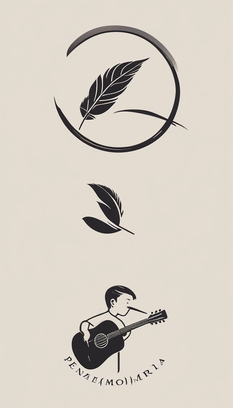 A minimal, modern, simple, cinematic logo design for the brand “Penamemoria". The logotype must be a boy playing acoustic guitar alongside a bird and a feather. The logo must convey a sense of music, stories and dreams. Minimalistic logo of a boy playing acoustic guitar and dissolving into a feather