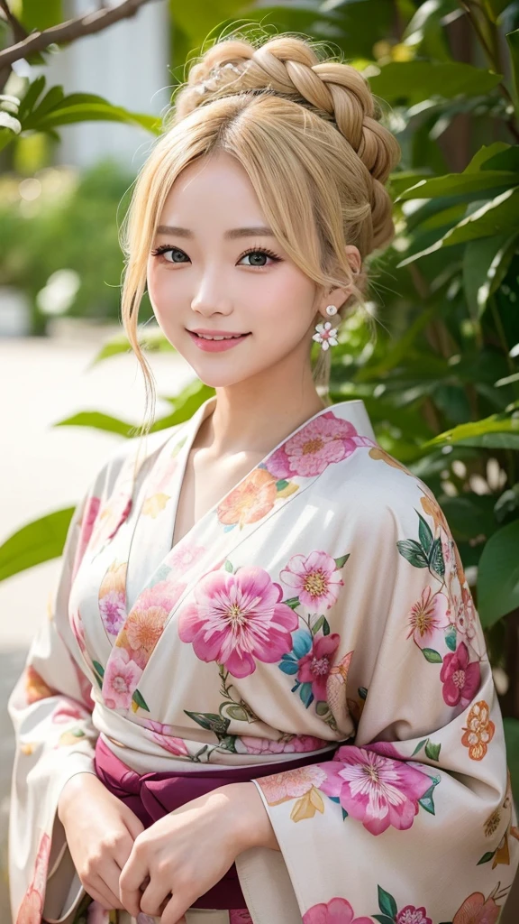 Blonde kimono beauty、Gorgeous floral patterned kimono、My cute girlfriend is a kimono model..、Brown eyes、Beautiful smile、He is short、Braiding、hair ornaments、Colorful and showy kimono、Upper Body、Gorgeous、