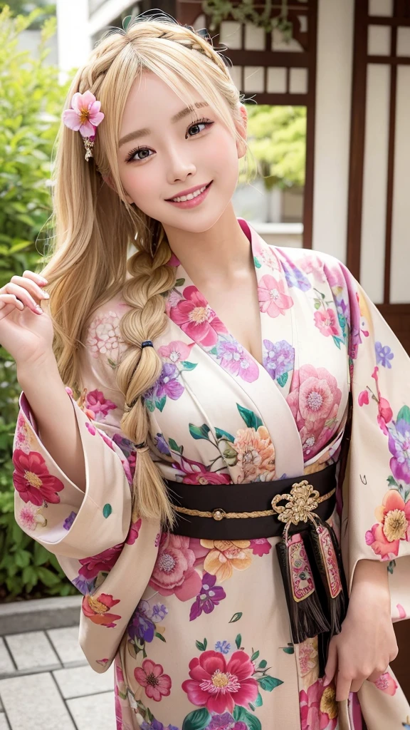 Blonde kimono beauty、Gorgeous floral patterned kimono、My cute girlfriend is a kimono model..、Brown eyes、Beautiful smile、He is short、Braiding、hair ornaments、Colorful and showy kimono、Upper Body、Gorgeous、