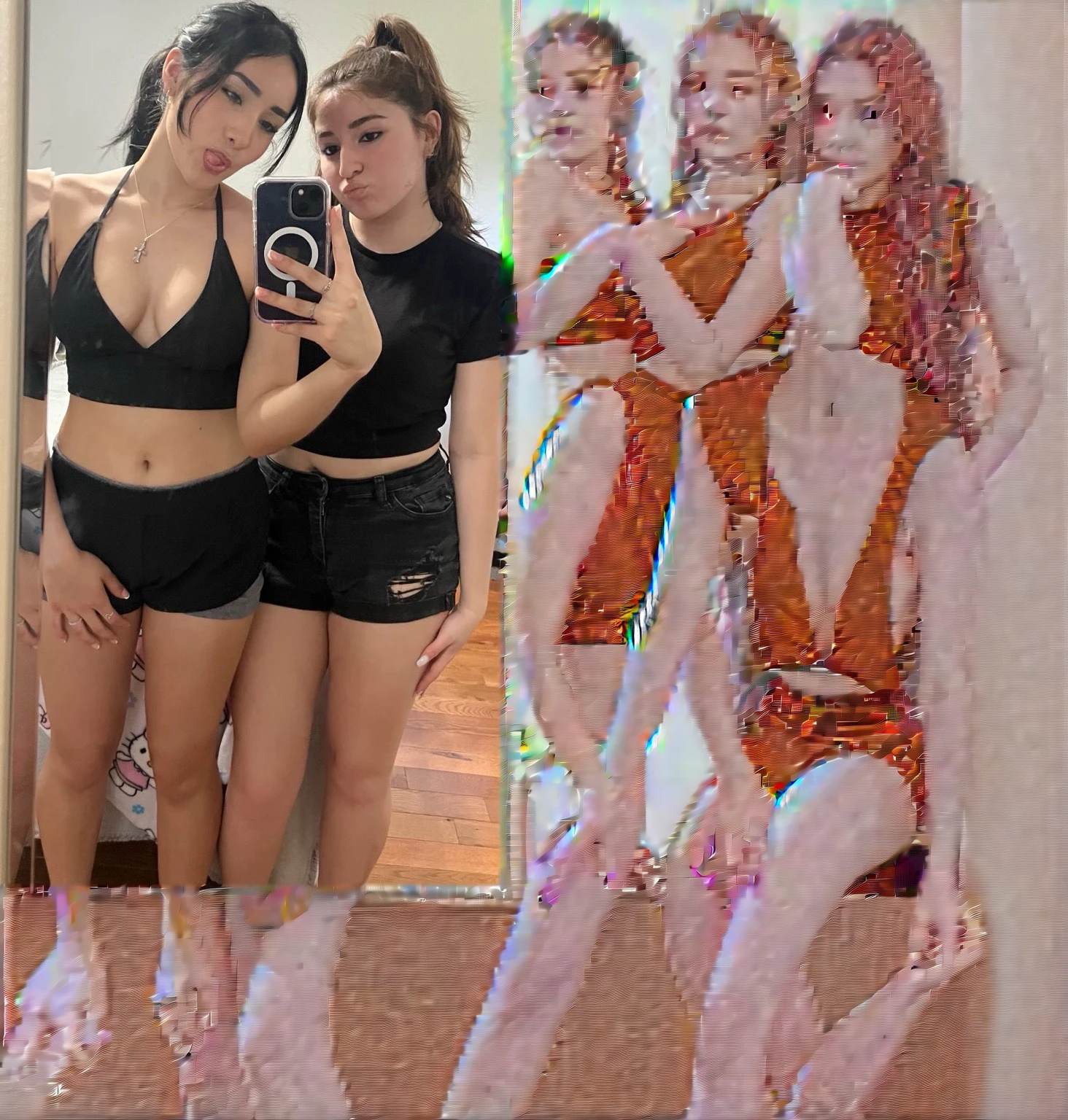 two more girls in the same room, all wearing high hools and have long nails