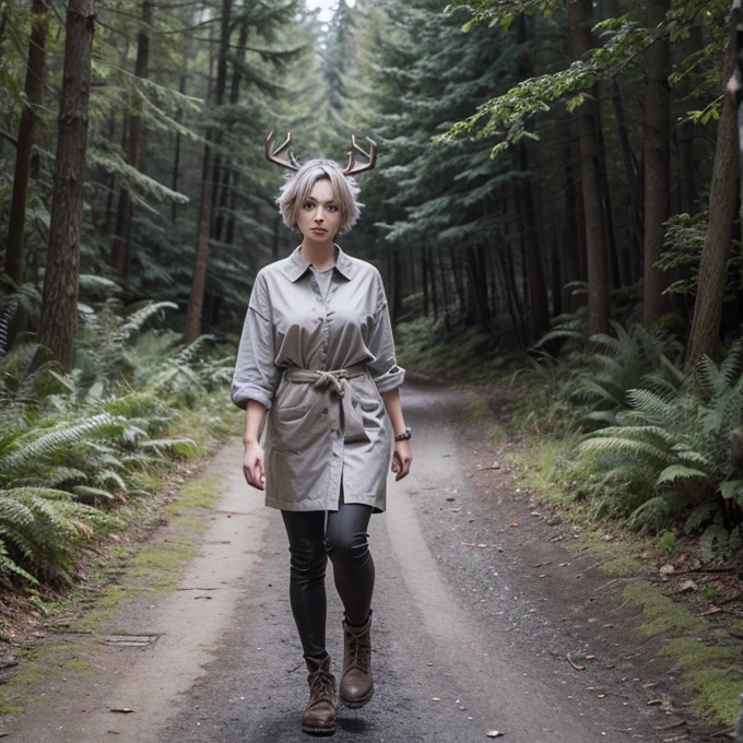 Woman, short gray hair, sidecut, deer horns, walking in a Forest