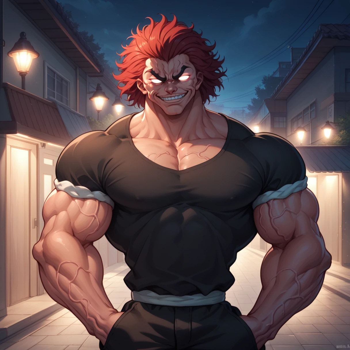 score_9, score_8_up, score_7_up, YujiroHanma, 1boy, male focus, solo, black shirt, black pants, muscular male, red hair, manly, veins, pupiless, dynamic lighting, extremely detailed, portrait, psychotic expression, very veiny ,glare, evil smile, glowing white eyes, hands in pockets, bedroom setting, night, dark lighting