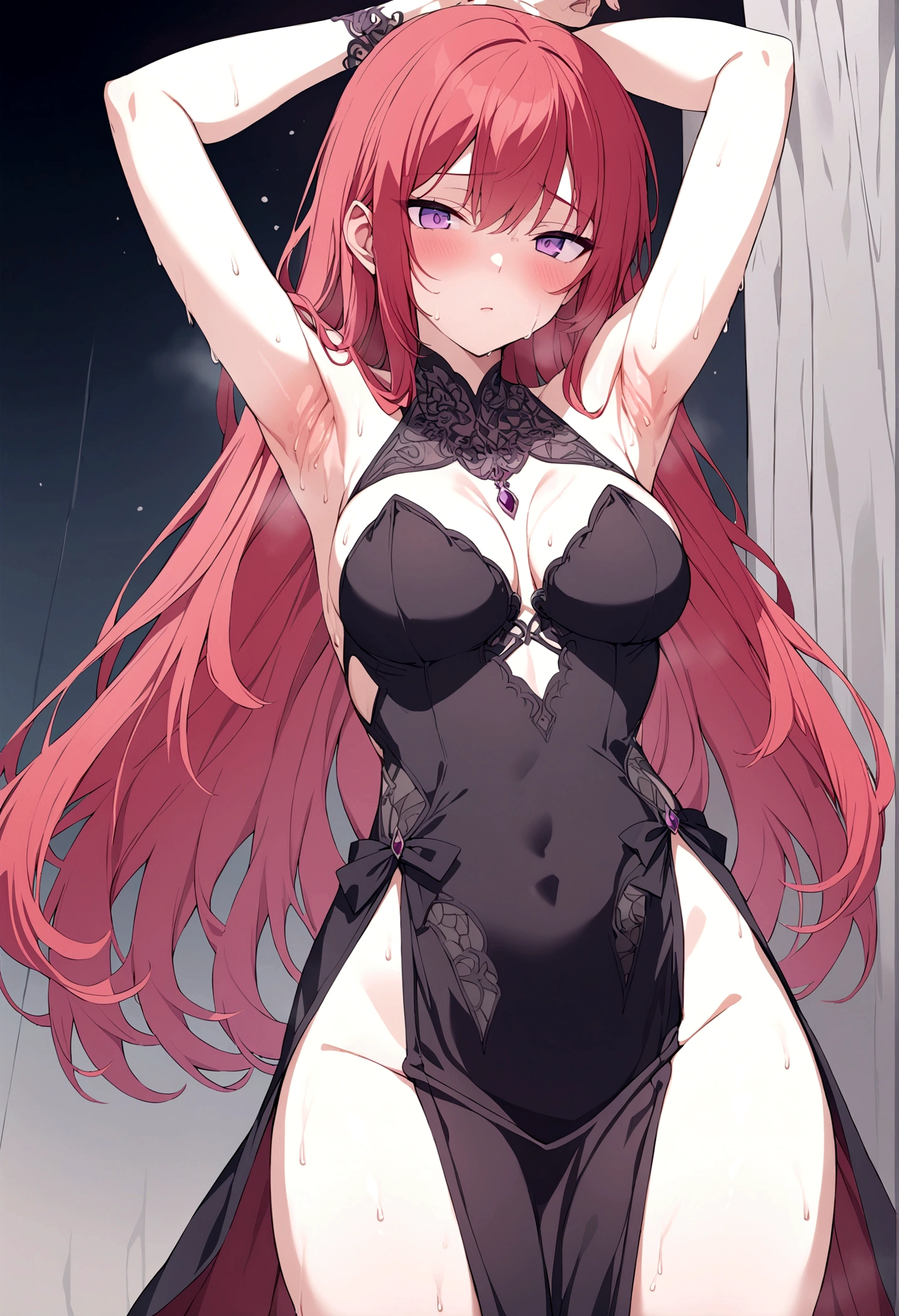 Armpits spread, detailed, red hair, purple eyes, dress, thigh slit, sweaty