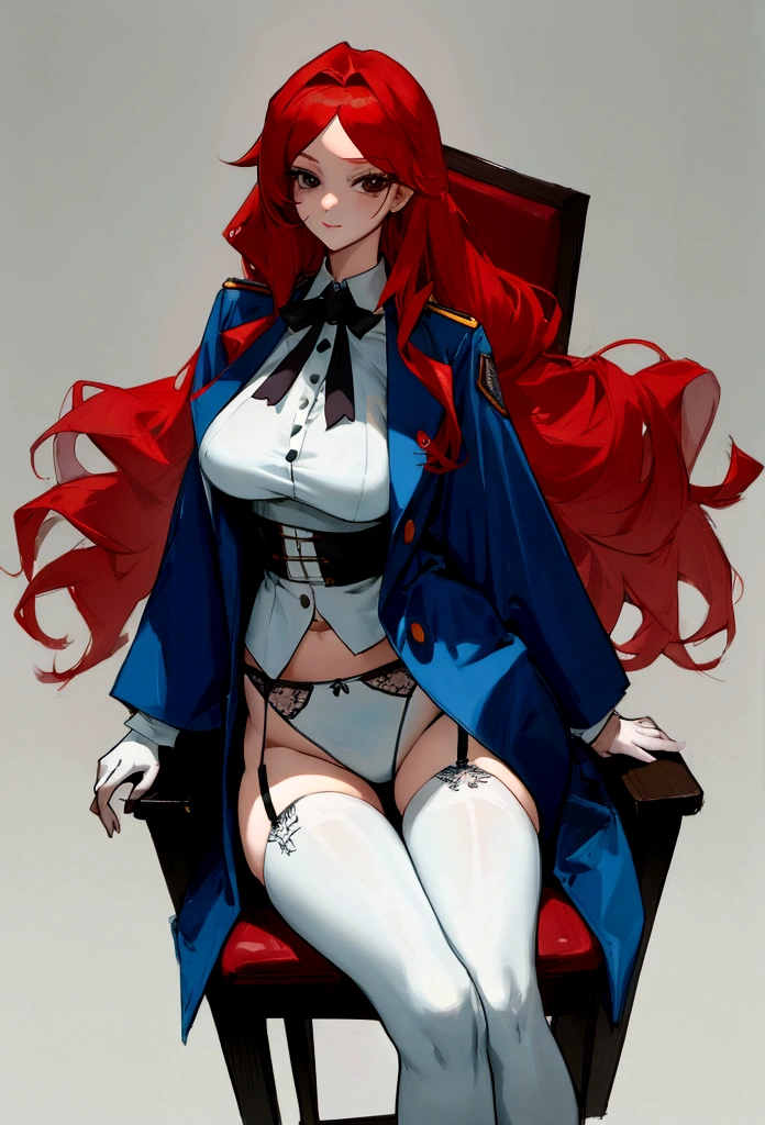 My name is Hikaru, I am a white test doll with long red hair and black eyes. I am 1.60 cm tall and weigh 56 kg. My breast sizes are 300 cm, my waist is 60 cm and my hips are 200 cm. Dressed in a long blue jacket and a garter belt along with a black thong. With big breasts 310 cm . Sitting in a desk chair