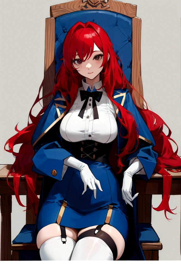My name is Hikaru, I am a white test doll with long red hair and black eyes. I am 1.60 cm tall and weigh 56 kg. My breast sizes are 300 cm, my waist is 60 cm and my hips are 200 cm. Dressed in a long blue jacket and a garter belt along with a black thong. With big breasts 310 cm . Sitting in a desk chair