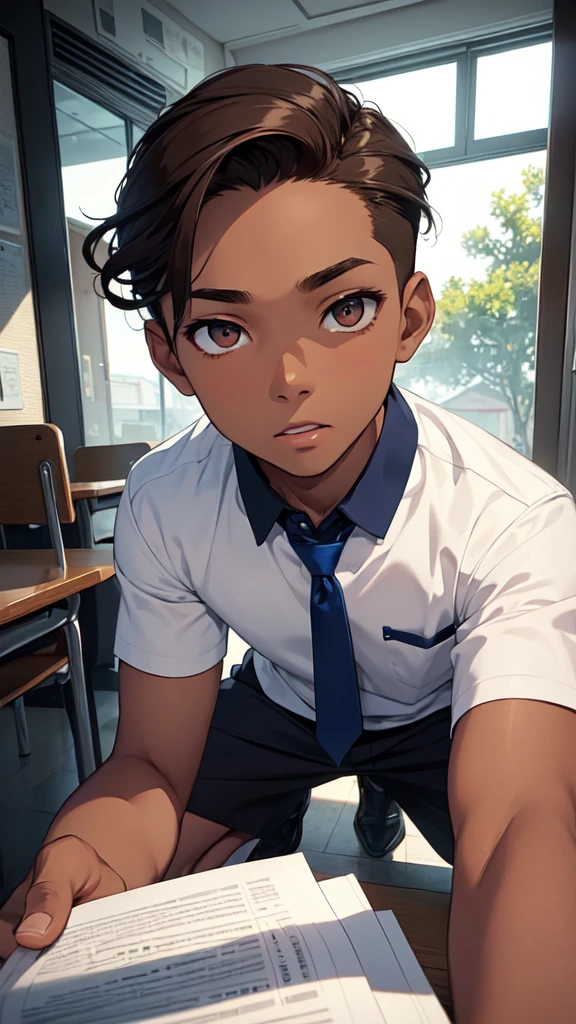 (masterpiece), best quality, expressive eyes, perfect face, (((1guy))), full body, (((brown skin))), brown hair, sliver eyes, blue student uniform, short slicked back hair, teen,