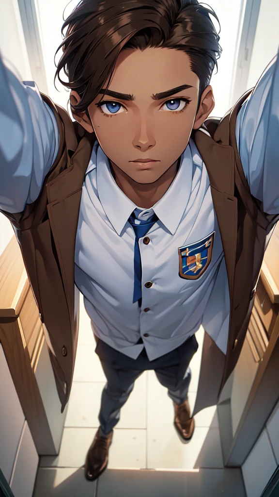 (masterpiece), best quality, expressive eyes, perfect face, (((1guy))), full body, (((brown skin))), brown hair, sliver eyes, blue student uniform, short slicked back hair, teen, 