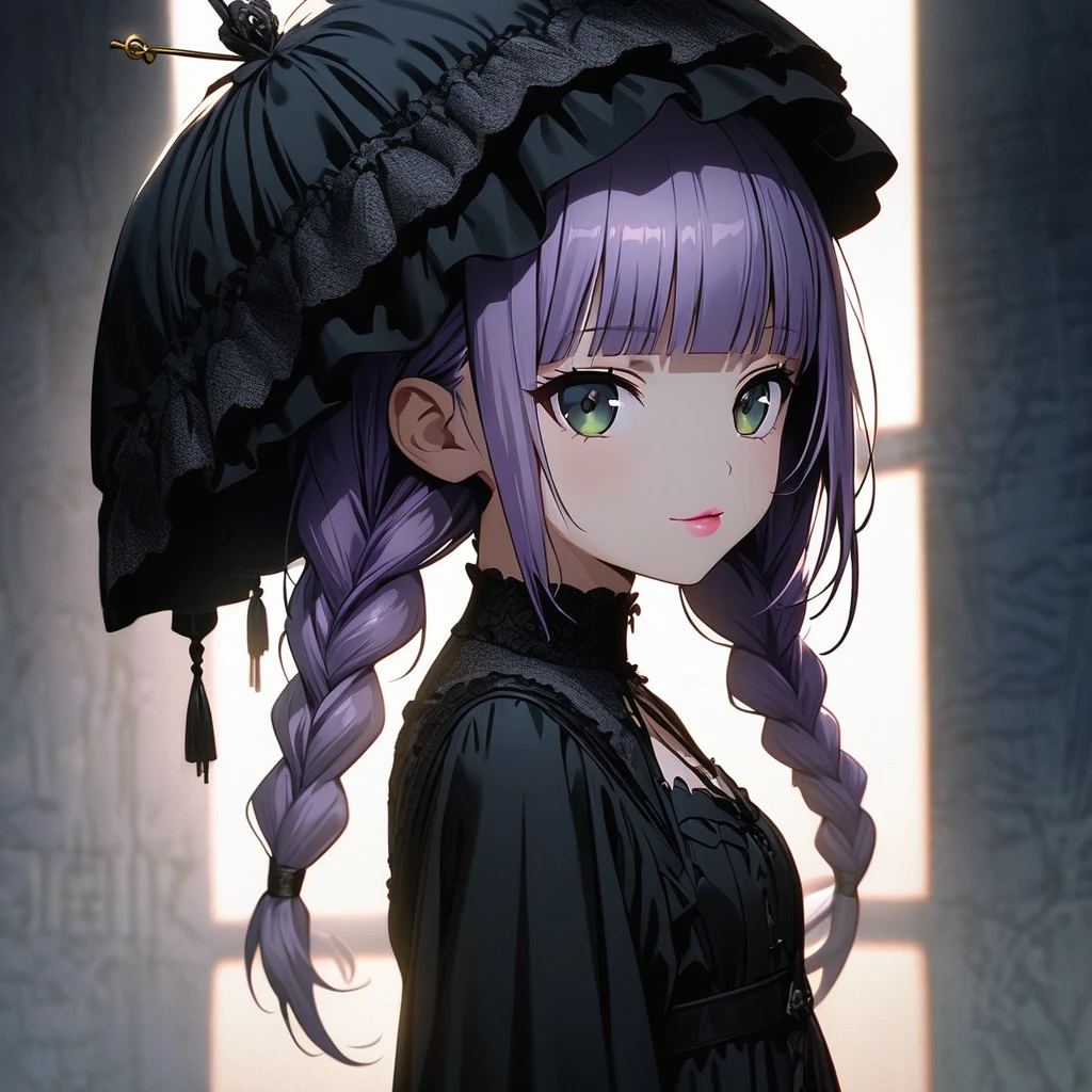(Cute a girl:1.5), anime visual, (Black gothic lolita outfit, black boots, black parasol, from side:1.3 ), (Lovey-dovey:1.5), (tilt head:1.3), extremely delicate face, soft clean focus, realistic lighting and shading, (an extremely delicate and beautiful art:1.3), elegant, (worm tone:1.1),(one girl with closs hair pin,pale purple hair,wavy two braids,blunt bangs hair,green and black eyes.pink lips:1.4), small breast,slim,Slender,morning lit, full body shot, a gentle smile, look at viewer,