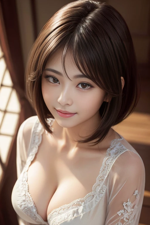 (RAW Photos), (Realistic), (masterpiece), (highest quality), High resolution, 8K resolution, (Intricate details), (Volumetric Light), Portraiture, woman,, short hair, Straight hair, Layered Hair, Brown haired, Highly detailed eyes, Source order, Very thin eyebrows, Highly detailed skin, Highly detailed mouth, Highly detailed nose, Cute like an idol, smile, ((Thick lips)), ((Look at the viewers)), (Elegant blouse)、Cleavage、Cleavage、The color of her bra is see-through 、Nipples are visible,smile、smile、