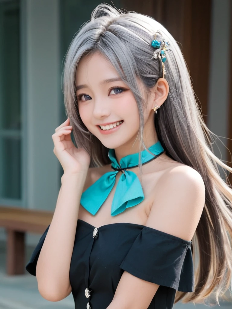 One girl, alone, main office, :D, Aqua Eye, Bare shoulders, Bell, Mouth closed, collar, tooth, From the side, hair Bell, Hair between the eyes, hair ornaments, Holding, Long Hair, Look to the side, neck Bell, Open your mouth, smile, Upper Body, Gray Hair,