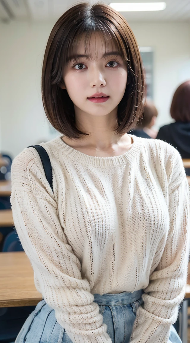  Highest quality, shape, Very detailed, finely, High resolution, 8k wallpaper, 完璧なダイナミックな構shape, Beautiful and exquisite,  Natural Lip, whole body, front,Shyness、Embarrassed expression、Large Breasts、Slightly sagging breasts、Bob Cut Hair、University classroom、Pleated skirt、((Looking into the camera))、Brown Hair、sweater、ショルダーbagを斜めに肩にかける、ノースリーブsweater,胸の間を通るbagのストラップ, The shoulder straps pass through the chest, bag, 