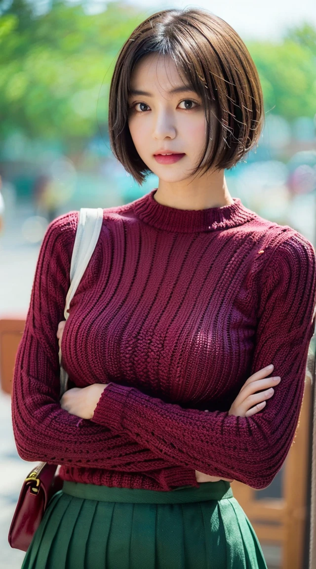  Highest quality, shape, Very detailed, finely, High resolution, 8k wallpaper, 完璧なダイナミックな構shape, Beautiful and exquisite,  Natural Lip, whole body, front,Shyness、Embarrassed expression、Large Breasts、Slightly sagging breasts、Bob Cut Hair、University classroom、Pleated skirt、((Looking into the camera))、Brown Hair、sweater、ショルダーbagを斜めに肩にかける、ノースリーブsweater,胸の間を通るbagのストラップ, The shoulder straps pass through the chest, bag, 