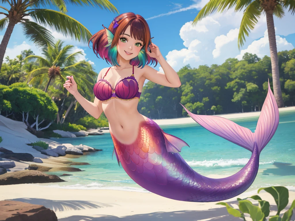 masterpiece, best quality:1.2), 1girl, smile, looking at viewer, green eyes, short brown multicolored hair, mermaid, mermaid girl, wearing purple seashell bra, laying on belly on beach, colorful mermaid tail, outdoors, head fins, fin ears