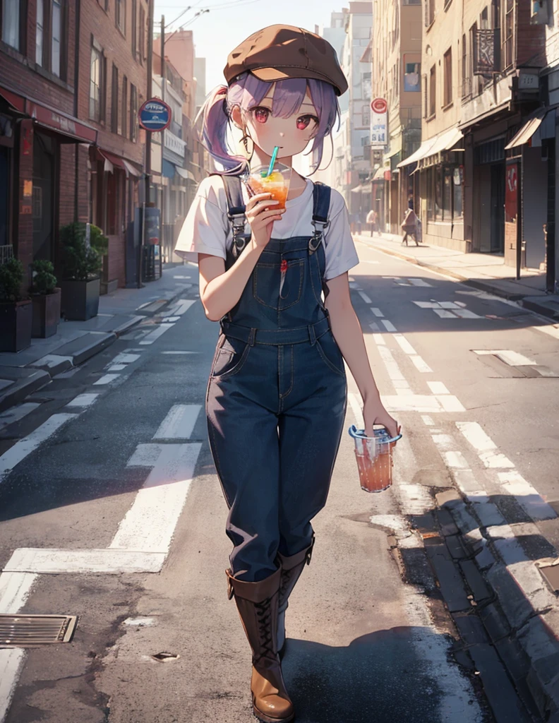 (Close-up:1.3),Realistic,Highest quality, Super detailed, High-quality CG rendering, The most delicate and beautiful, Floating softly, High resolution, (1 girl), (Highest quality,4K,8K,masterpiece:1.2), Light purple hair,(Long ponytail:1.5),Red eyes,(Brown overalls:1.3),(Pure white T-shirt:1.3),(Brown hunting hat:1.3),(Brown boots:1.3),In the city,old buildings,(whole body:1.3),(Holding a drink in hand:1.3),(Are standing:1.3)