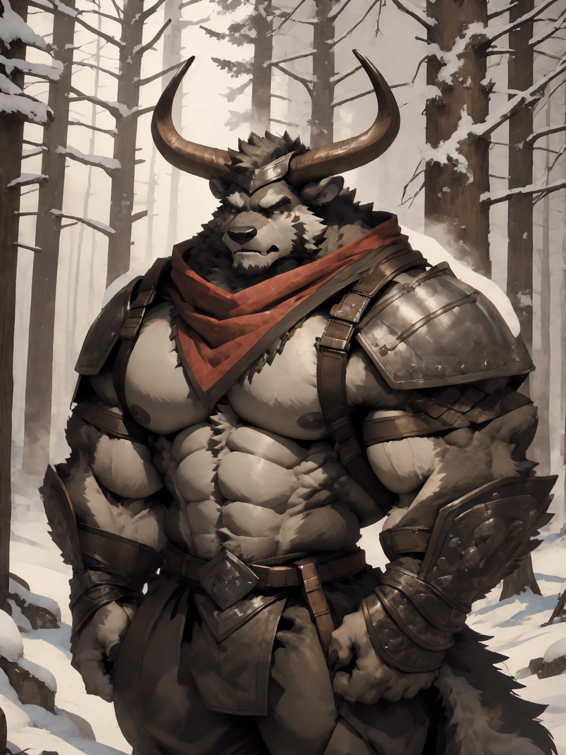 Minotaur, solo, muscular, perfect_eyes, perfect_face, abs, big_chest,wide_body, muscular_arms, winter, snow_forest_background, solo, minotaur, angry, half_body, close_up, manly, man, muscular, brown_horns, big_eyes, bara_body,hyper_muscles, hyper_chest, hyper_muscular_body, huge,forest,snowy_forest, armor_pants, half_body,closeup, medieval_armor ,iron armor,armor,canines, moth_closed, angry,serious, HD, 4k, high_detailed_background, wide, wide_body, strong_body, muscular_body, visible_abs, leather_harnes, metal_armor, abs,big_pecs, visible_pecs, huge_body, warrior, confident,mane,red_scarf, hyper_body, hyper_torso
