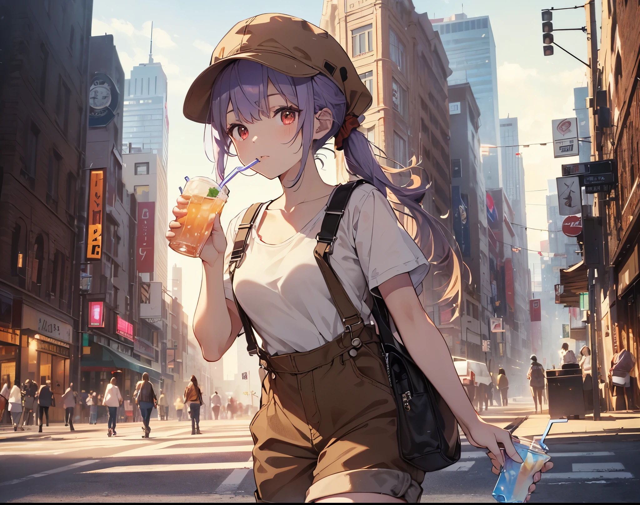 (Close-up:1.3),Realistic,Highest quality, Super detailed, High-quality CG rendering, The most delicate and beautiful, Floating softly, High resolution, (1 girl), (Highest quality,4K,8K,masterpiece:1.2), Light purple hair,(Long ponytail:1.5),Red eyes,(Brown overalls:1.3),(Pure white T-shirt:1.3),(Brown hunting hat:1.3),(Brown boots:1.3),In the city,old buildings,(whole body:1.3),(Holding a drink in hand:1.3),(Are standing:1.3)