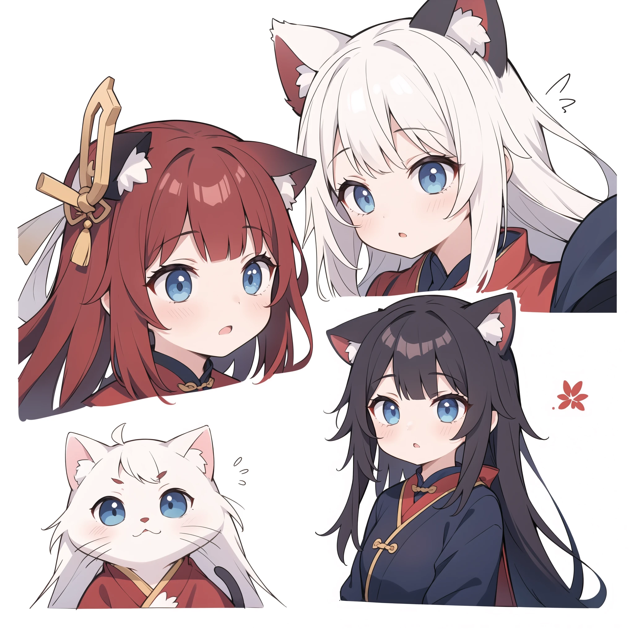 1 girl, head, ((White background, Red Cliff)), expression, tingyun, Cat Ear Girl,((银色head发)),blue eyes