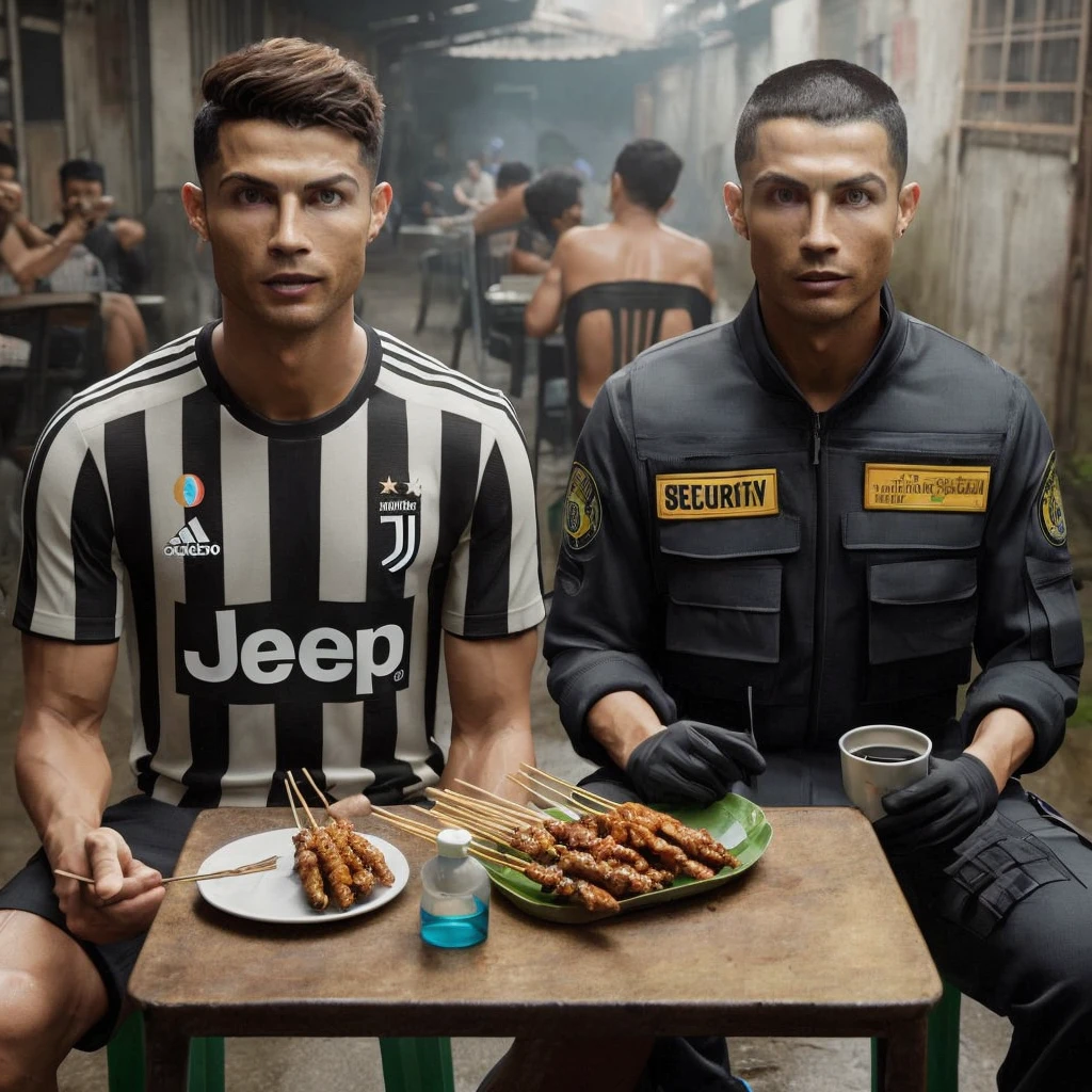 hyper realistic cristiano ronaldo wearing juventus jersey and ,25 year old Asian man with buzz cut hair wearing security clothes sitting on chair near table in seedy bar while eating satay and drinking black coffee.