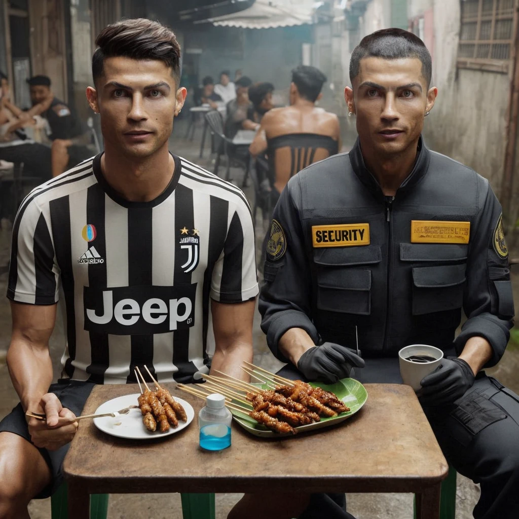 hyper realistic cristiano ronaldo wearing juventus jersey and ,25 year old Asian man with buzz cut hair wearing security clothes sitting on chair near table in seedy bar while eating satay and drinking black coffee.