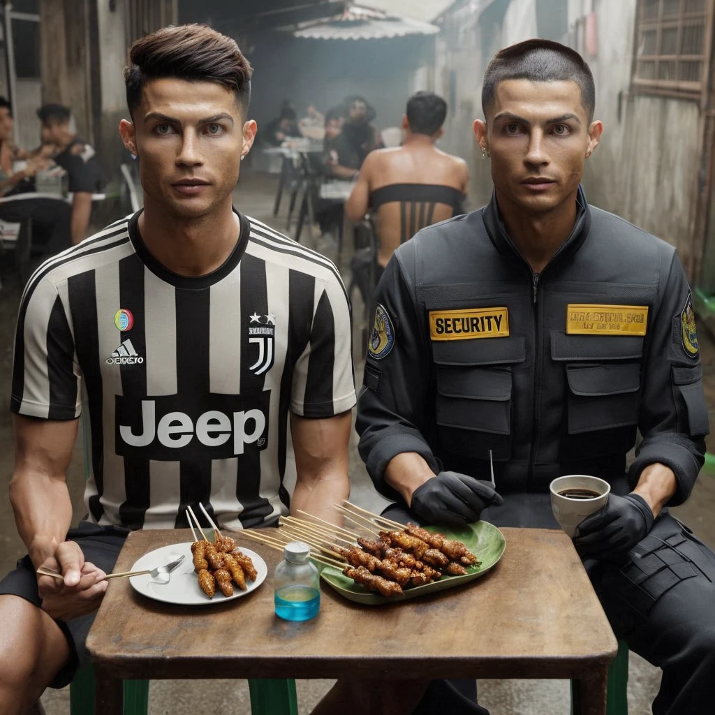 hyper realistic cristiano ronaldo wearing juventus jersey and ,25 year old Asian man with buzz cut hair wearing security clothes sitting on chair near table in seedy bar while eating satay and drinking black coffee.