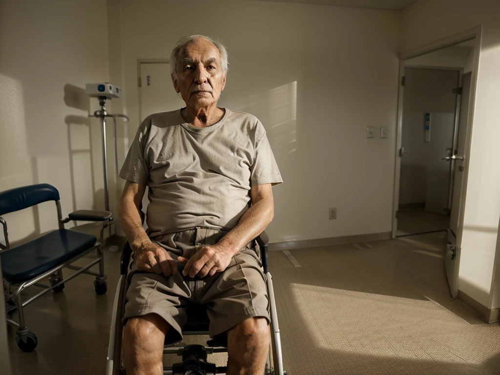Elderly man in a wheelchair in an empty hospital room, sad face, ultra detailed, 16k, HD, realistic