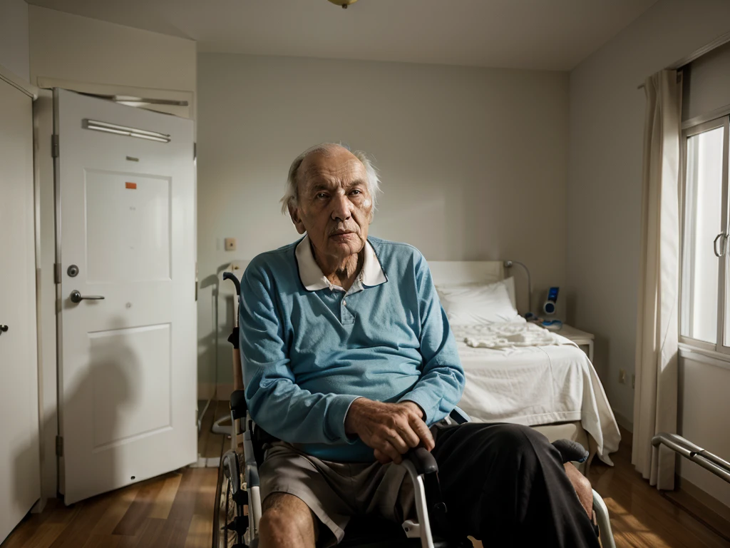 Elderly man in a wheelchair in an empty hospital room, sad face, ultra detailed, 16k, HD, realistic 