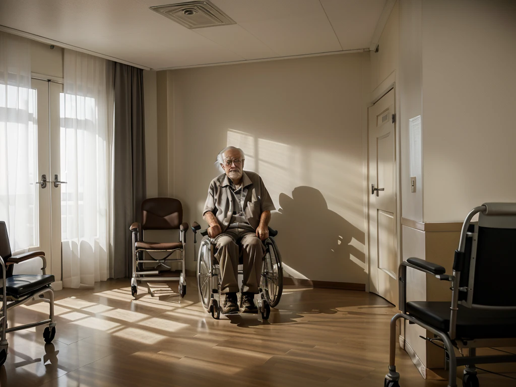 Elderly man in a wheelchair in an empty hospital room, sad face, ultra detailed, 16k, HD, realistic