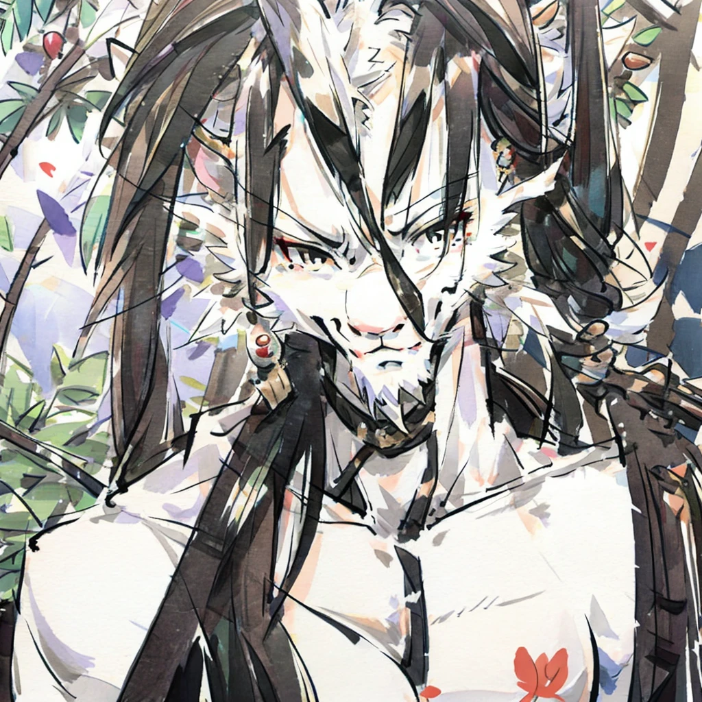 (white eastern dragon),furry,white mustache,big pecs,hearty males,muscular,black imperial robe,adult,traditional_chinese_room,head portrait