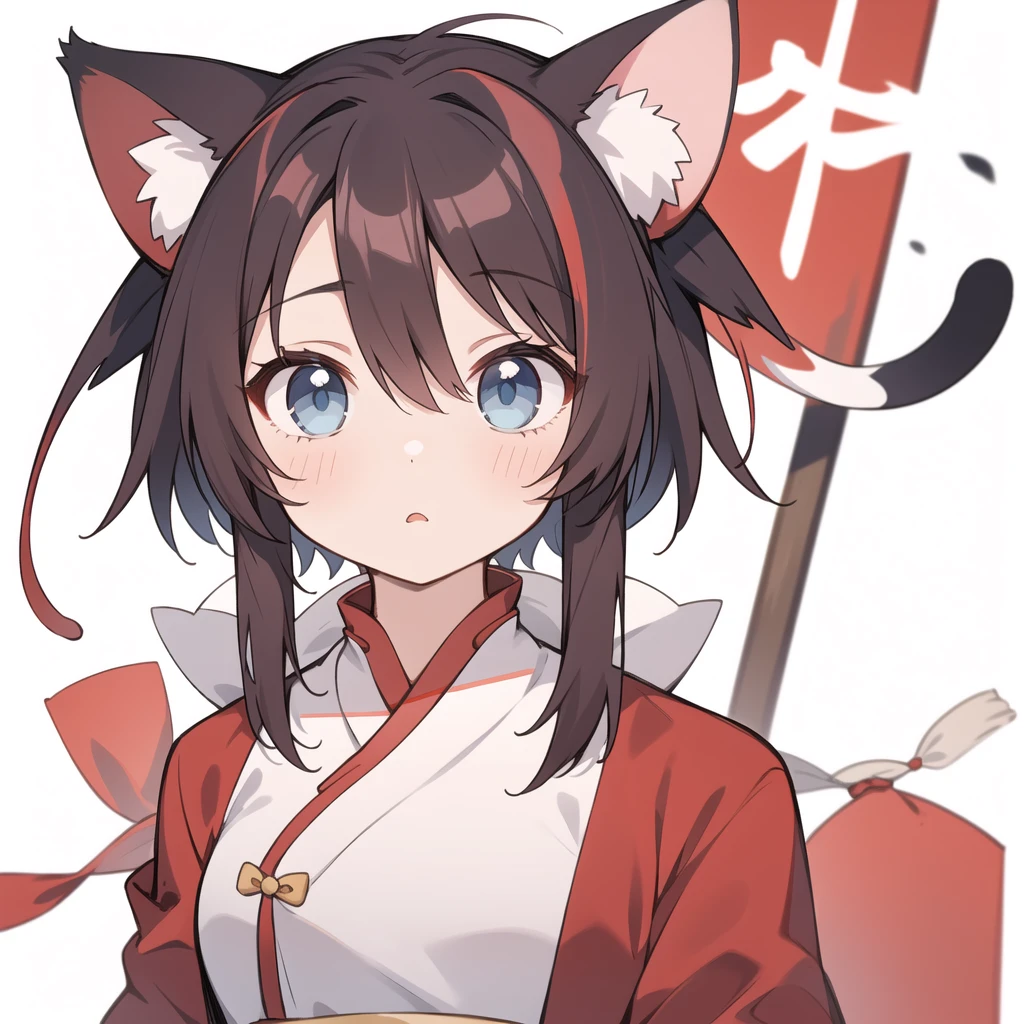 1 girl, head, ((White background, Red Cliff)), expression, tingyun, Cat Ear Girl,((银色head发)),blue eyes