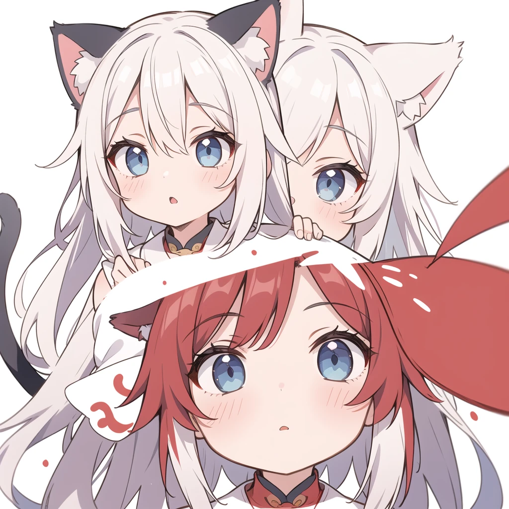 1 girl, head, ((White background, Red Cliff)), expression, tingyun, Cat Ear Girl，((银色head发)),blue eyes