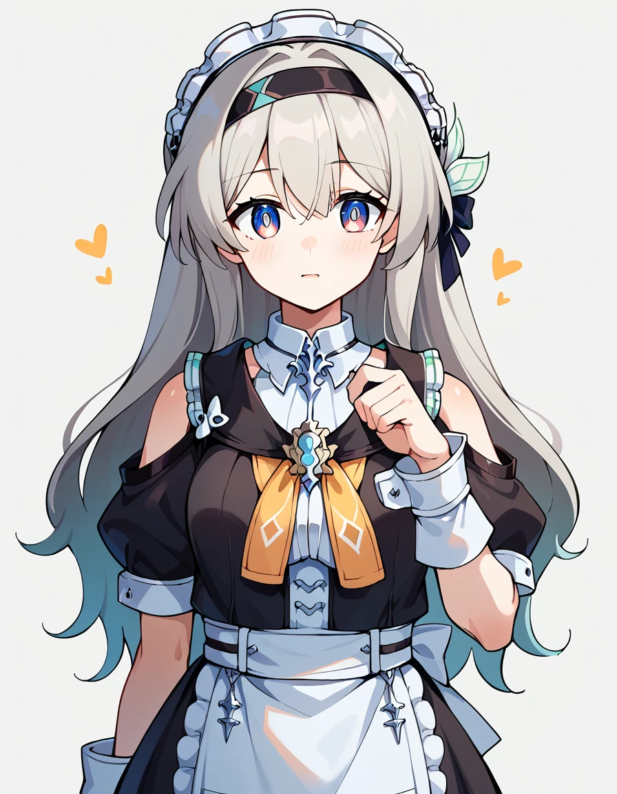 score_9, score_8_up, score_7_up, white background, simple background, BREAK source_anime, BREAK (1girl, solo, solo focus), fireflydef, jacket, dress, grey hair, maid outfit, cute, in bed