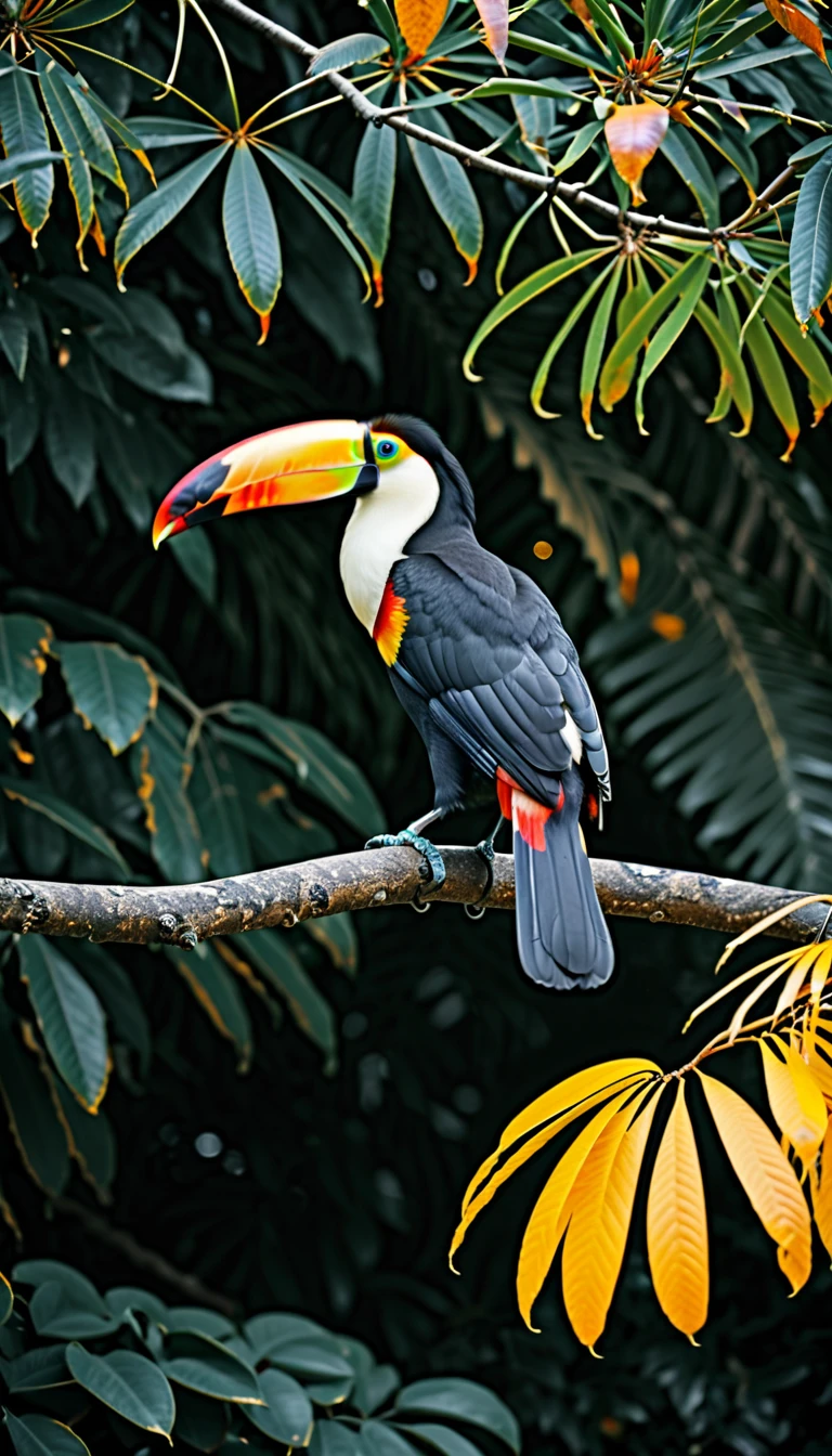 a large toucan on a branch next to yellow leaves, in the style of dark white and dark orange, natural symbolism, vibrant color schemes photography, Nikon D7500 --ar 4:7 --v 5 --no watermark