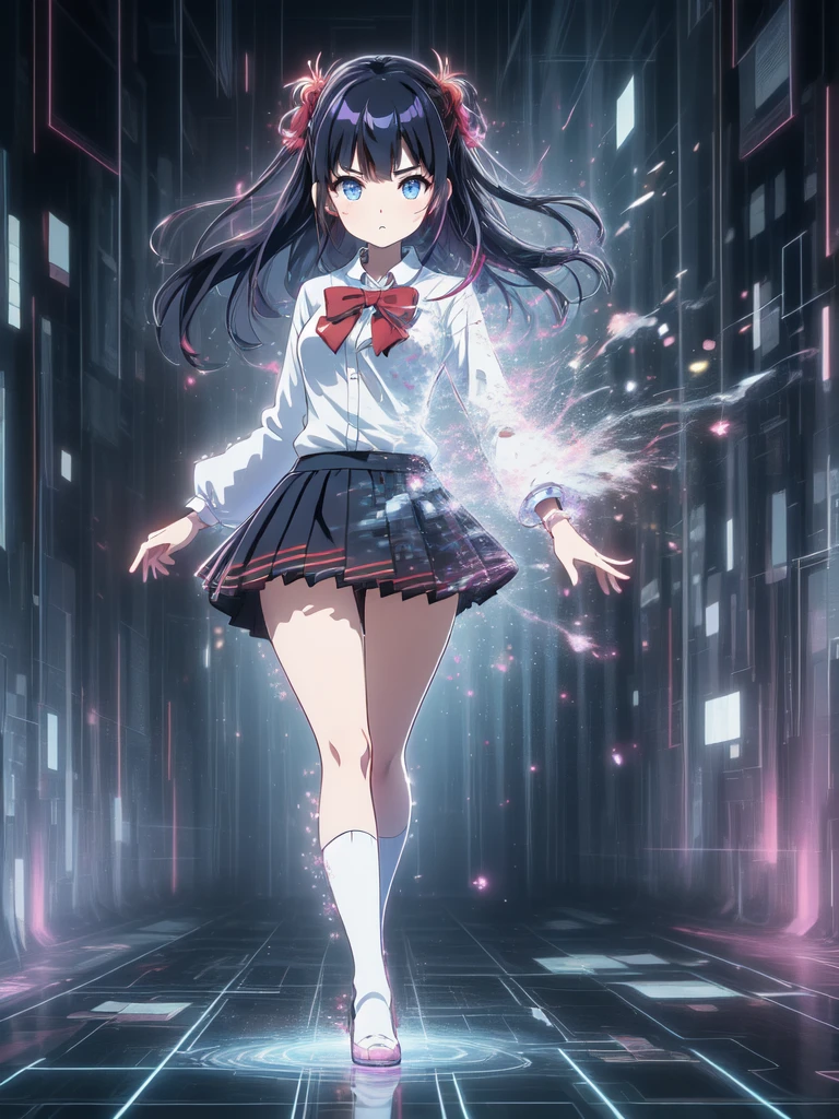 ((Highest quality, 8k wallpaper)),(masterpiece, Highest quality),Very detailed,High resolution,(Official Art:1.3),(((Anime screenshots,Black outline))),One girl, alone, break rikka1,One girl,Backtrack Rich,Black Hair,alone,blue eyes,Wrist scrunchies,Long Hair,Red socks,,Black Skirt,bangs,Pleated skirt,Orange scrunchie,Red Bow,White cardigan,Thick thighs, Long sleeve,bow tie,White shirt,mini skirt,White sweater, break (((Shine,hologram,Blurred,Digital Dissolve,cyber punk,Melting clothes, Dissolving Body,Glitch))),Combat Stance,View your viewers,