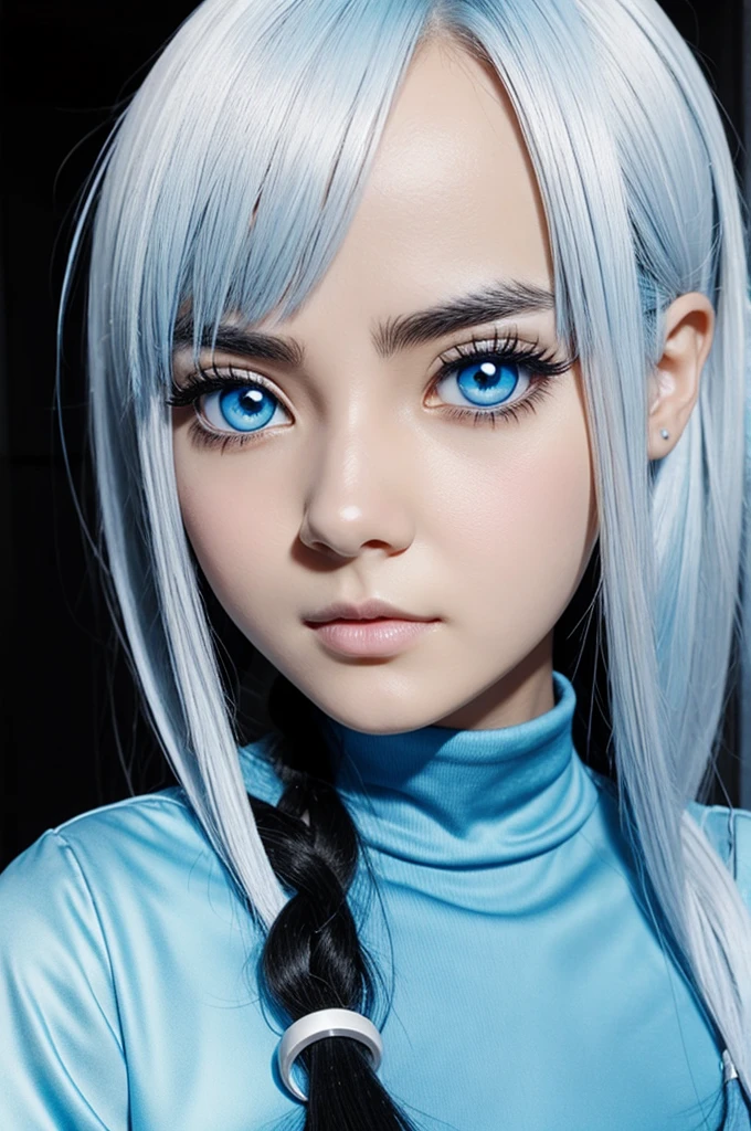 black hair girl, black eyes with blue, very pale, dr stone anime style