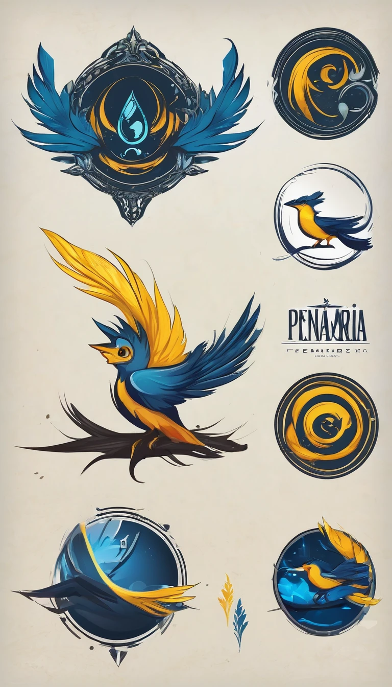 Create a minimalistic, simple, fantastic, easy to understand, logo design of a boy a feather of memories for an upcoming Role Playing Game called " Penamemoria". The game is about a world of bird and feathers. A boy enters that world and discovers his true artistic identity. Create a logo design that transmits the essence of this videogame. It´s a fantasy game, with fantasy elements. Create the logo in the center and a fantasy theme as background. Use the colours blue, white, yellow in the logo.