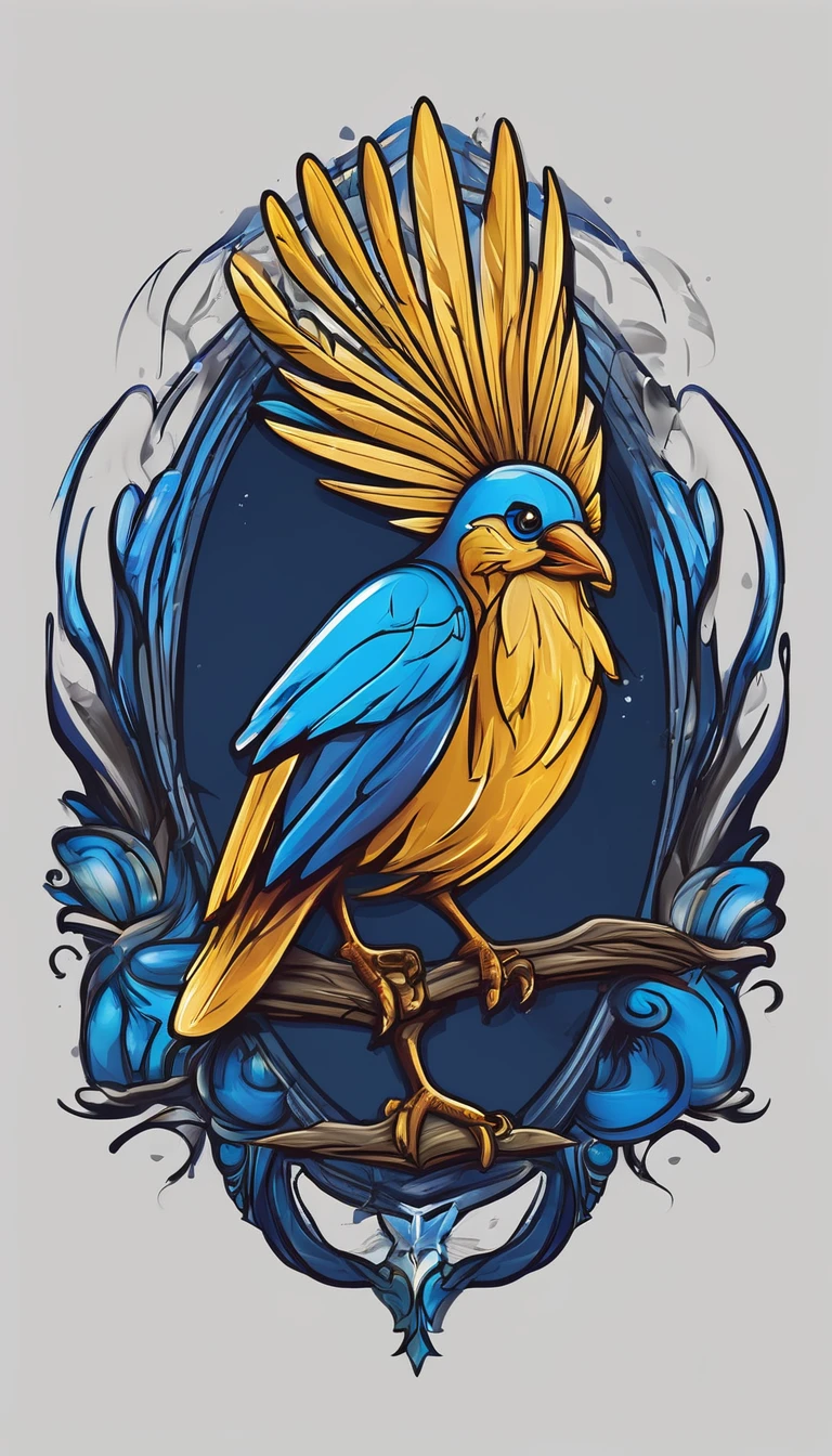 Create a minimalistic, simple, fantastic, easy to understand, logo design of a boy a feather of memories for an upcoming Role Playing Game called " Penamemoria". The game is about a world of bird and feathers. A boy enters that world and discovers his true artistic identity. Create a logo design that transmits the essence of this videogame. It´s a fantasy game, with fantasy elements. Create the logo in the center and a fantasy theme as background. Use the colours blue, white, yellow in the logo.