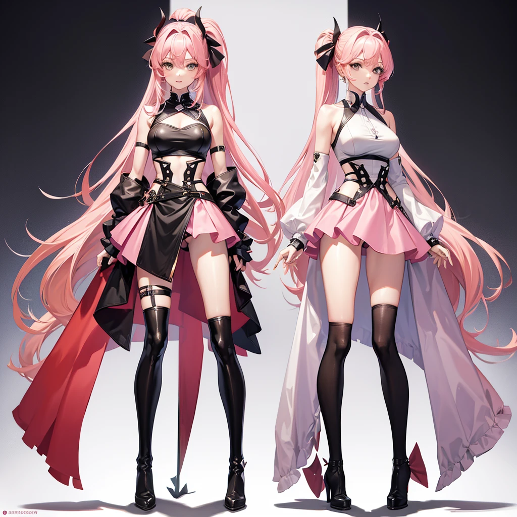 Masterpiece, best quality, 4K, HD, beautiful body, medium breasts, perfect anatomy, anatomically correct, long hair, ponytail, pink hair, top crop, mini skirt, stockings, high boots, simple background, distinct separation of body parts (head, arms, hands, torso, legs)