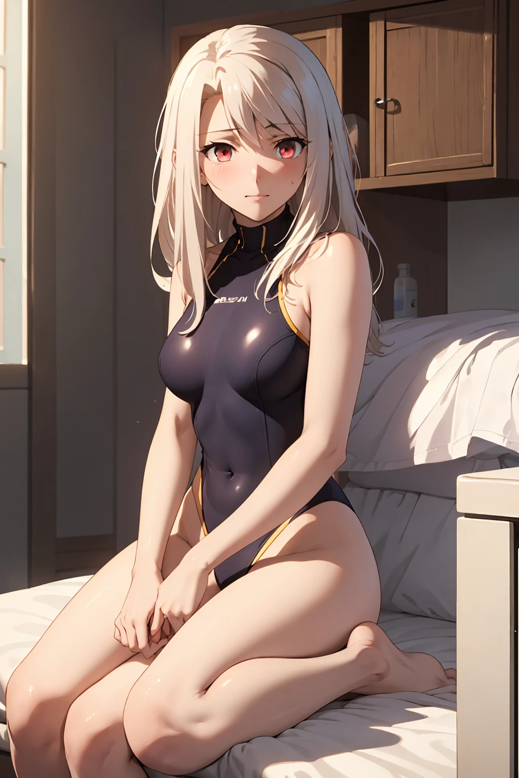 NSFW , (Highest quality:1.5, High resolution, 4K, Detailed lighting, Shaders), Illyasviel von Einzbern alone, Cowboy Shot,Long Hair, Gray Hair, Red eyes, ((Swimsuit))++ M-shaped foot Sexy Looks Seductive gestures atmosphere Super blushing Realistic locker room Sleep on your side, nude, Sweat, Shiny skin, Heavy breathing, ( Sex, Sexual intercourse, put in, Heterosexual, Moving lines, Motion Blur, Talking Spirit:1.1), (level, On my back, bed,Subjective:1.1)( On the body / Bukkake with excess semen splashing)