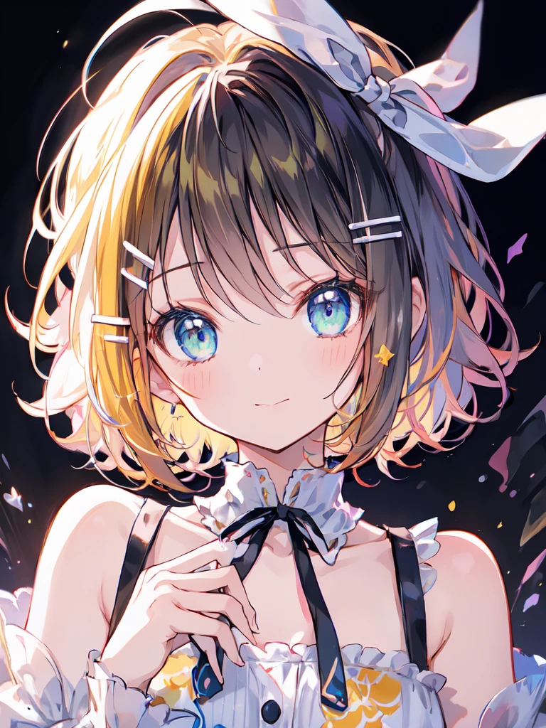 Kagamine Rin，short hair、She has a white ribbon on her head、sweets dream, A colorful world, cute, pastel, like,  enjoy, Highest quality, masterpiece，sing，Diva