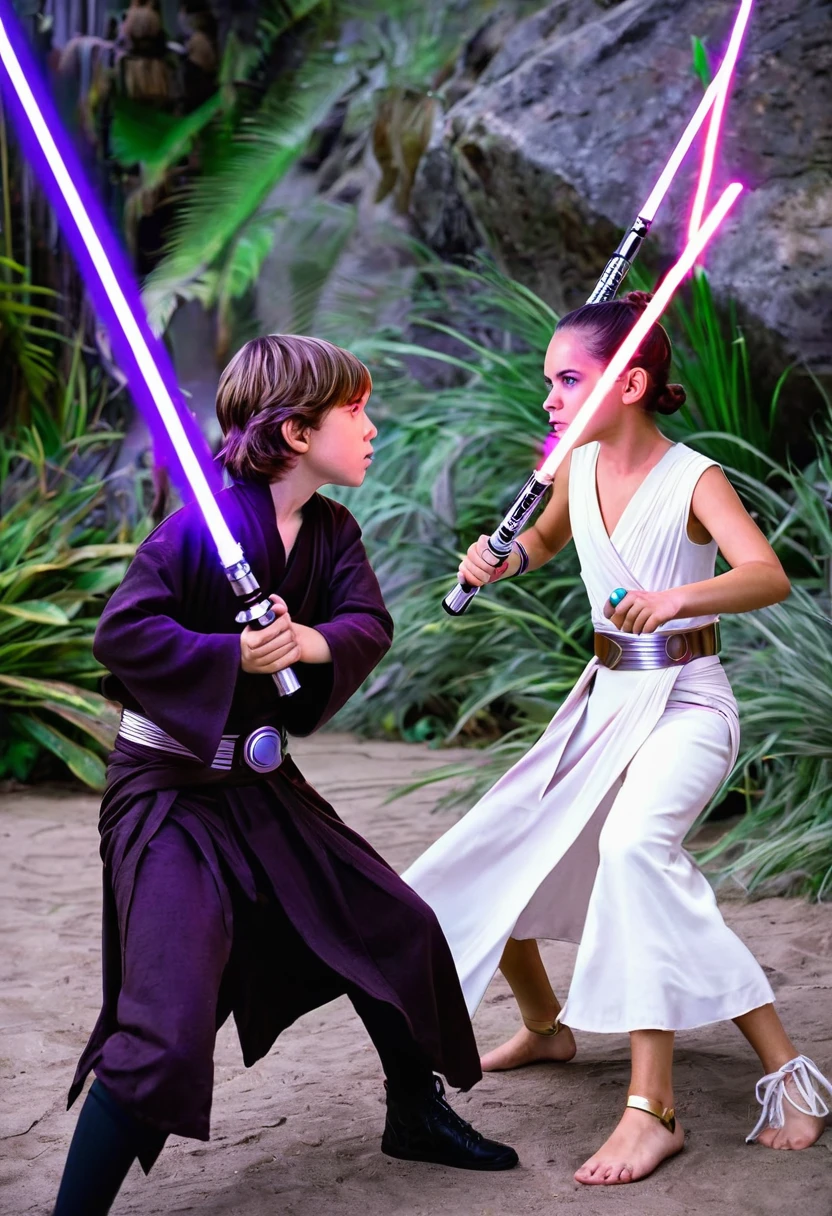 star wars a boy jedi with two lightsabers, one purple and the other white lightsaber in a fight against a woman sid