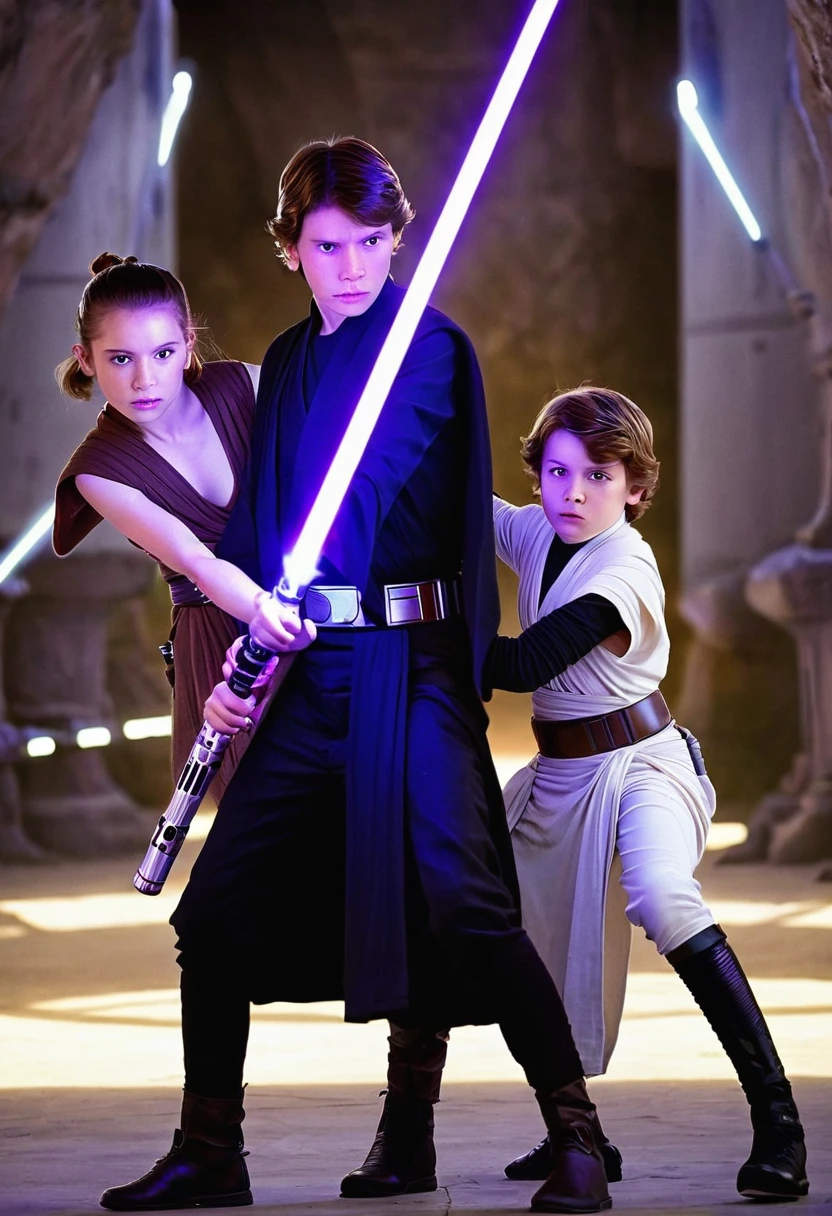 star wars a boy jedi with two lightsabers, one purple and the other white lightsaber in a fight against a woman sid