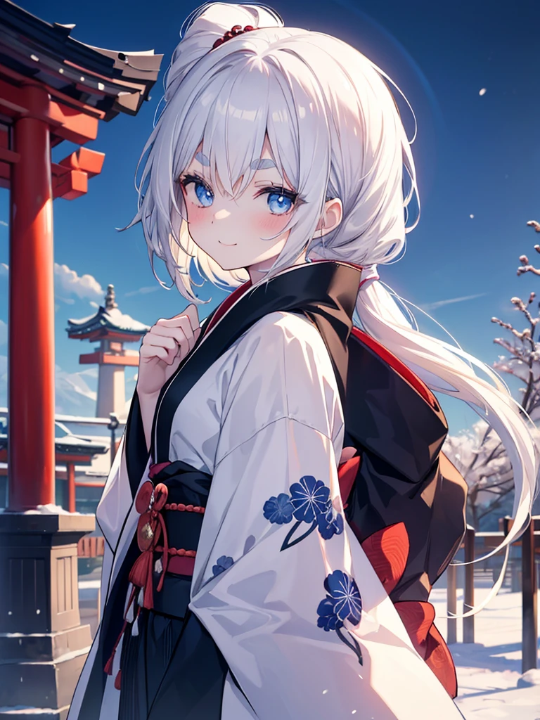 Tabletop, Highest quality, (Perfect Face:1.1), (Attention to detail:1.1), (Ultra-detailed eyes), dramatic, Ultra-thin illustration, Very detailed, One Girl, (Pale skin), Long white hair, ponytail,Psychic Eyes, blue eyes,puppet, (Thin eyebrows),blush,alone,smile, Happy, smile, enjoy, Open your mouth, Pouting,Cinema Lighting, Looking for viewers,From the side,Cowboy Shot,kimono,Outdoor,shrine,Winter Background