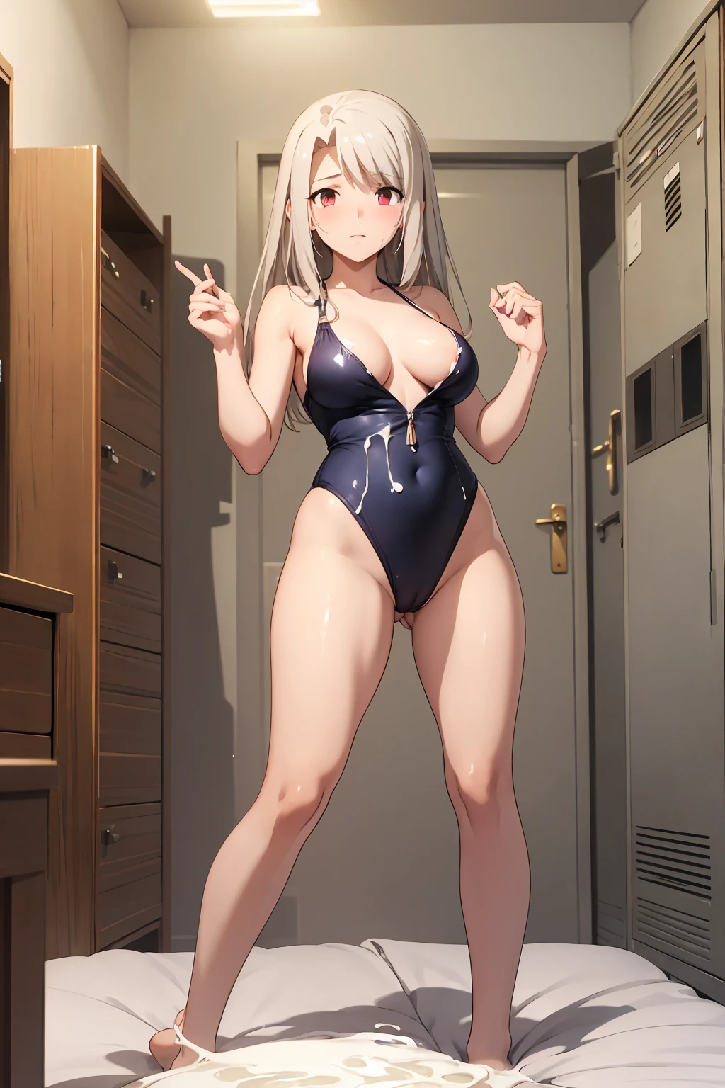 NSFW , (Highest quality:1.5, High resolution, 4K, Detailed lighting, Shaders), Illyasviel von Einzbern alone, Cowboy Shot,Long Hair, Gray Hair, Red eyes, ((Swimsuit))++ M-shaped foot Sexy Looks Seductive gestures atmosphere Super blushing Realistic locker room Sleep on your side, nude, Sweat, Shiny skin, Heavy breathing, ( Sex, Sexual intercourse, put in, Heterosexual, Moving lines, Motion Blur, Talking Spirit:1.1), (level, On my back, bed,Subjective:1.1)( On the body / Bukkake with excess semen splashing)