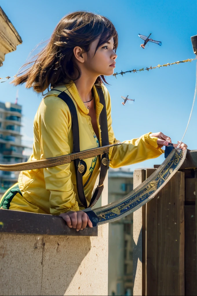 (Determination to aim higher:1.5), (scene flying far away:1.4), (A woman&#39;s determined expression:1.5), (flight soaring into the sky:1.4), (blue sky background:1.3), (high resolution)