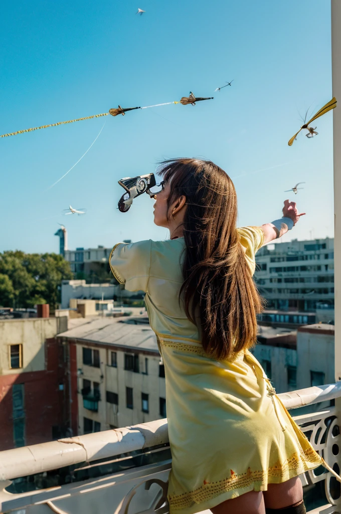 (Determination to aim higher:1.5), (scene flying far away:1.4), (A woman&#39;s determined expression:1.5), (flight soaring into the sky:1.4), (blue sky background:1.3), (high resolution)