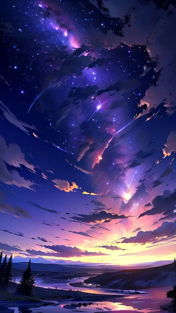 Pov from below, High resolution, Epic sky, full of stars, milky way galaxy, extreme details, twilight sky, mountains sun set, lake, reflection , coloured clouds